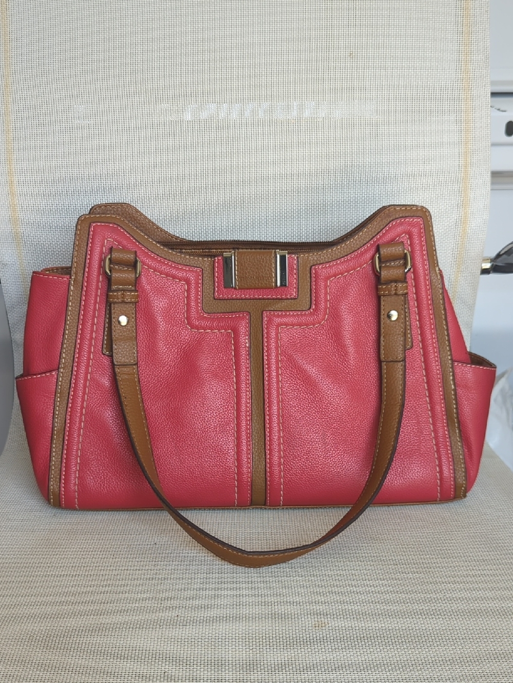 Tignanello Red Leather Tote Bag with Brown Trim - Stylish Everyday Handbag